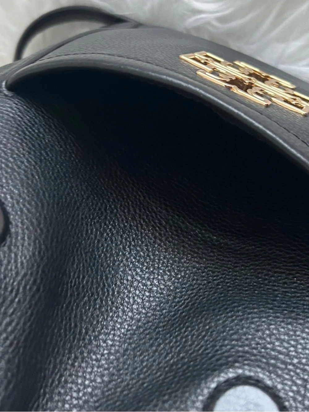 Tory Burch Black Leather Backpack Gold Logo Pebbled Convertible Bag